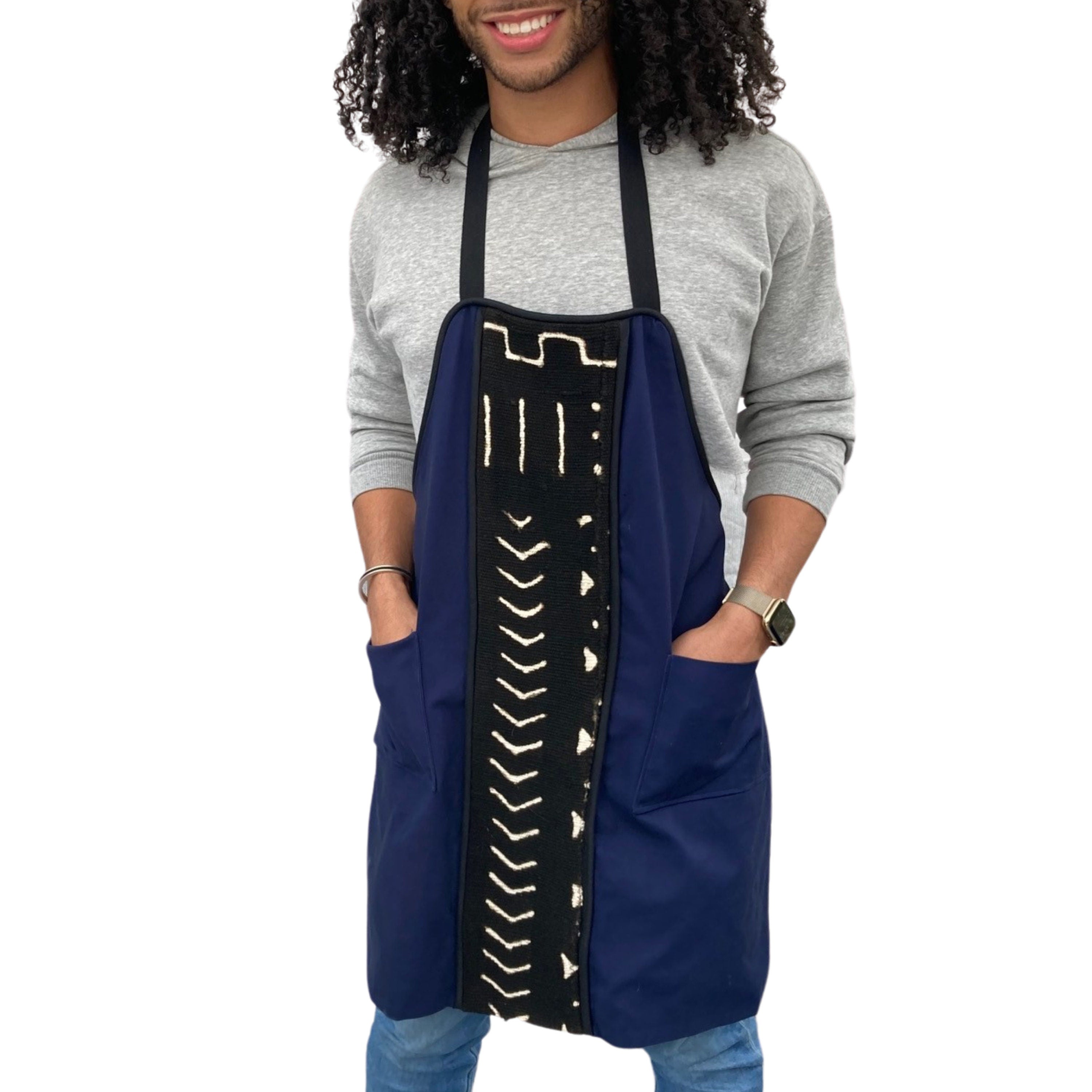 Apron for Him or Her, Gift for Cook, Handwoven Mudcloth Cotton Apron, Blue and Black Apron, Reversible Apron, Geometric Print Apron