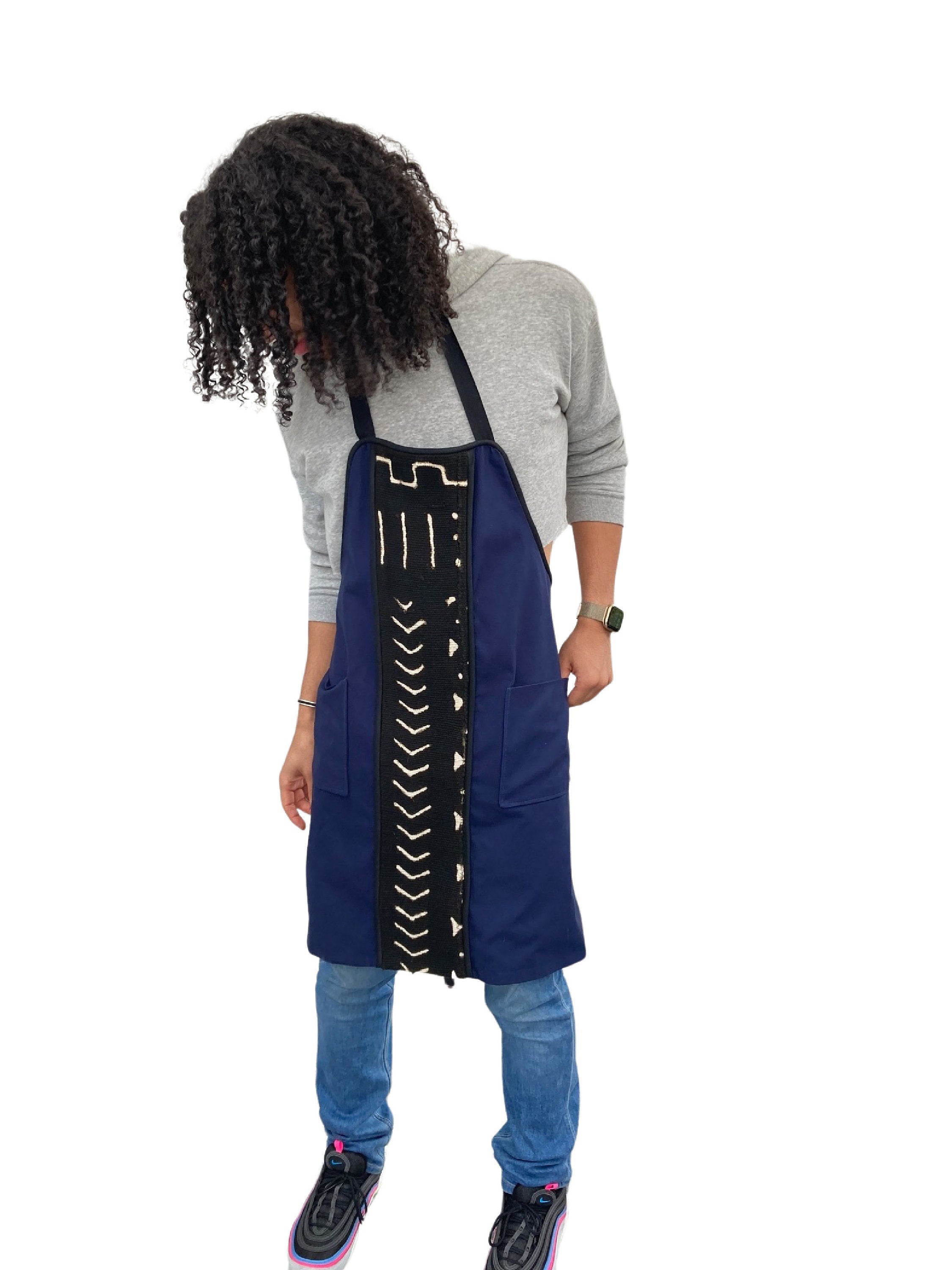 Apron for Him or Her, Gift for Cook, Handwoven Mudcloth Cotton Apron, Blue and Black Apron, Reversible Apron, Geometric Print Apron