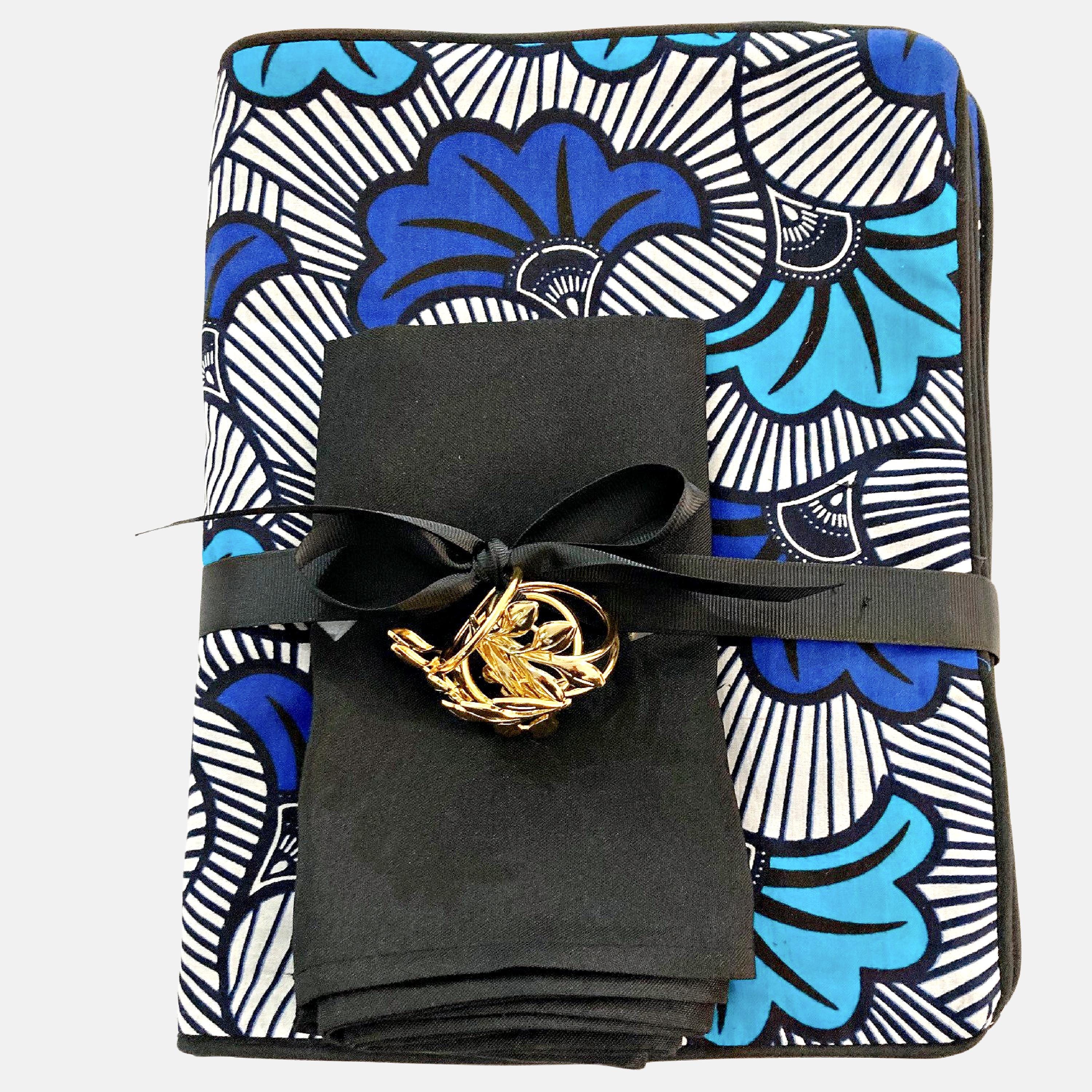 FULL PLACEMAT SET - Includes Flower Placemats, Napkins and Napkin Rings, Set of 4, 6 or 8, Blue Table Setting, Reversible Placemats