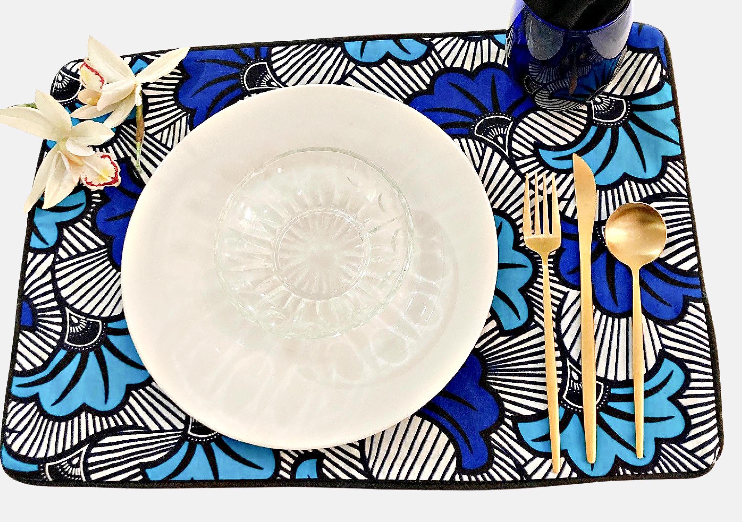 FULL PLACEMAT SET - Includes Flower Placemats, Napkins and Napkin Rings, Set of 4, 6 or 8, Blue Table Setting, Reversible Placemats
