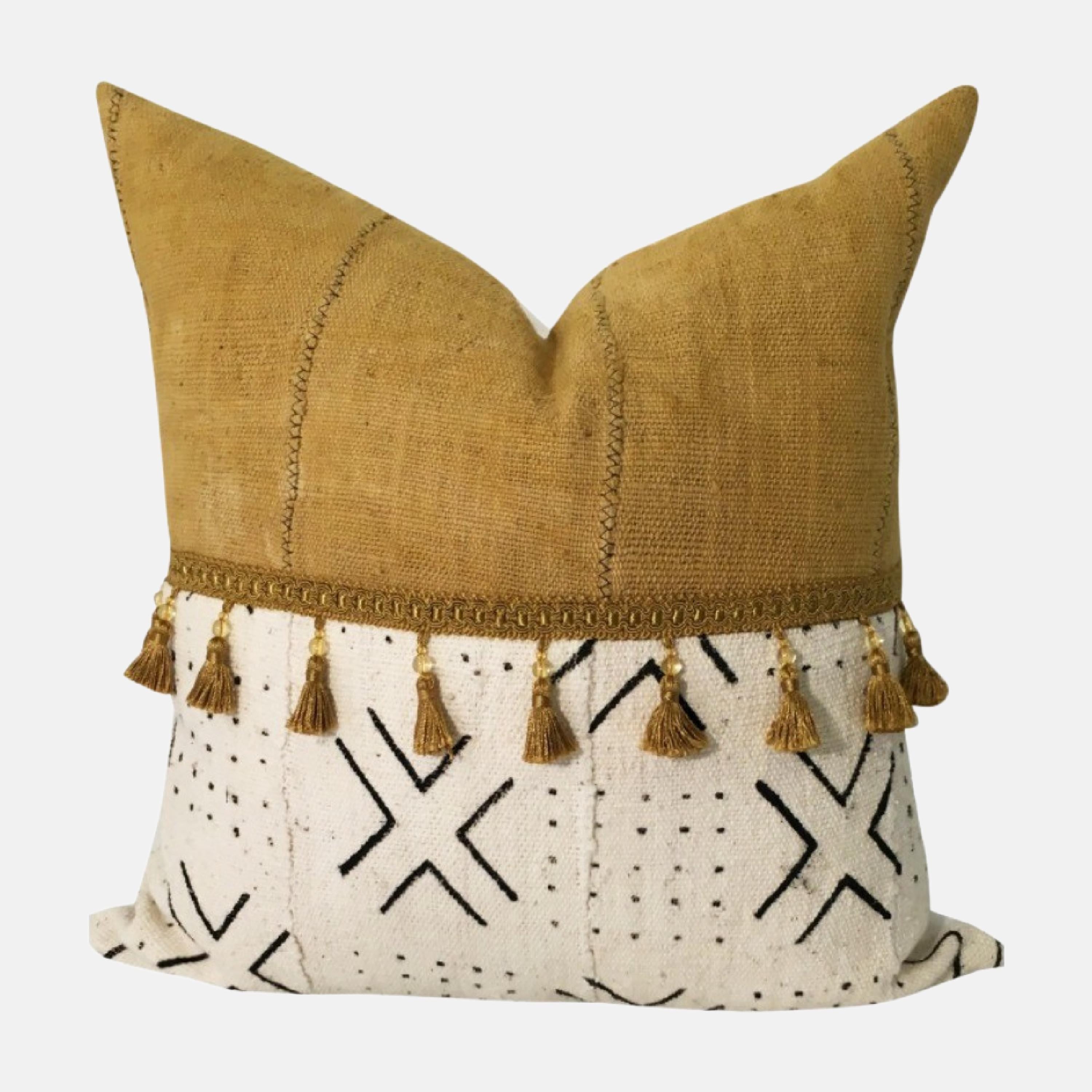 Authentic Mudcloth Pillow Cover with Geometric Design, Throw Pillow with Tassels, Organic Cotton Pillow