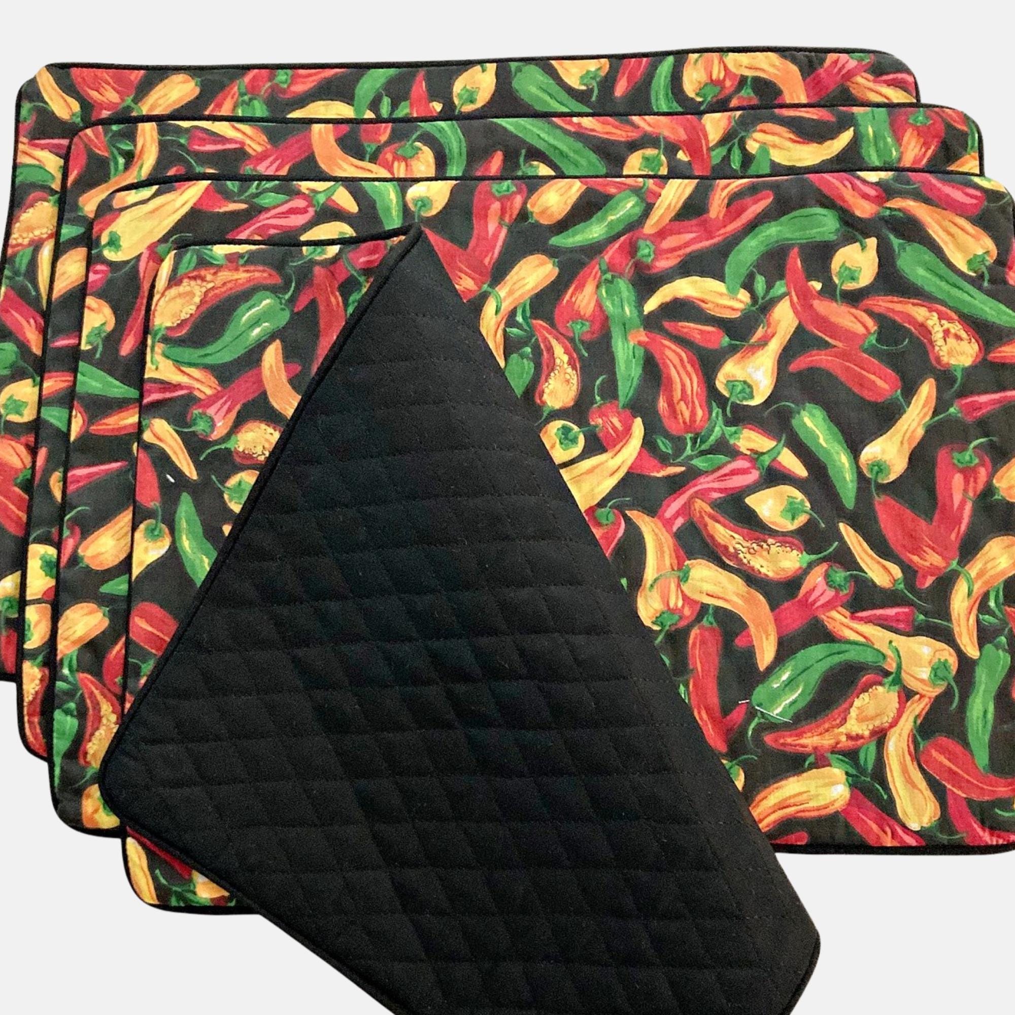SPICE PLACEMAT SET - Includes Chili Pepper Placemats, Napkins and Napkin Rings, Set of 4, 6 or 8, Black Placemats, Housewarming Gift