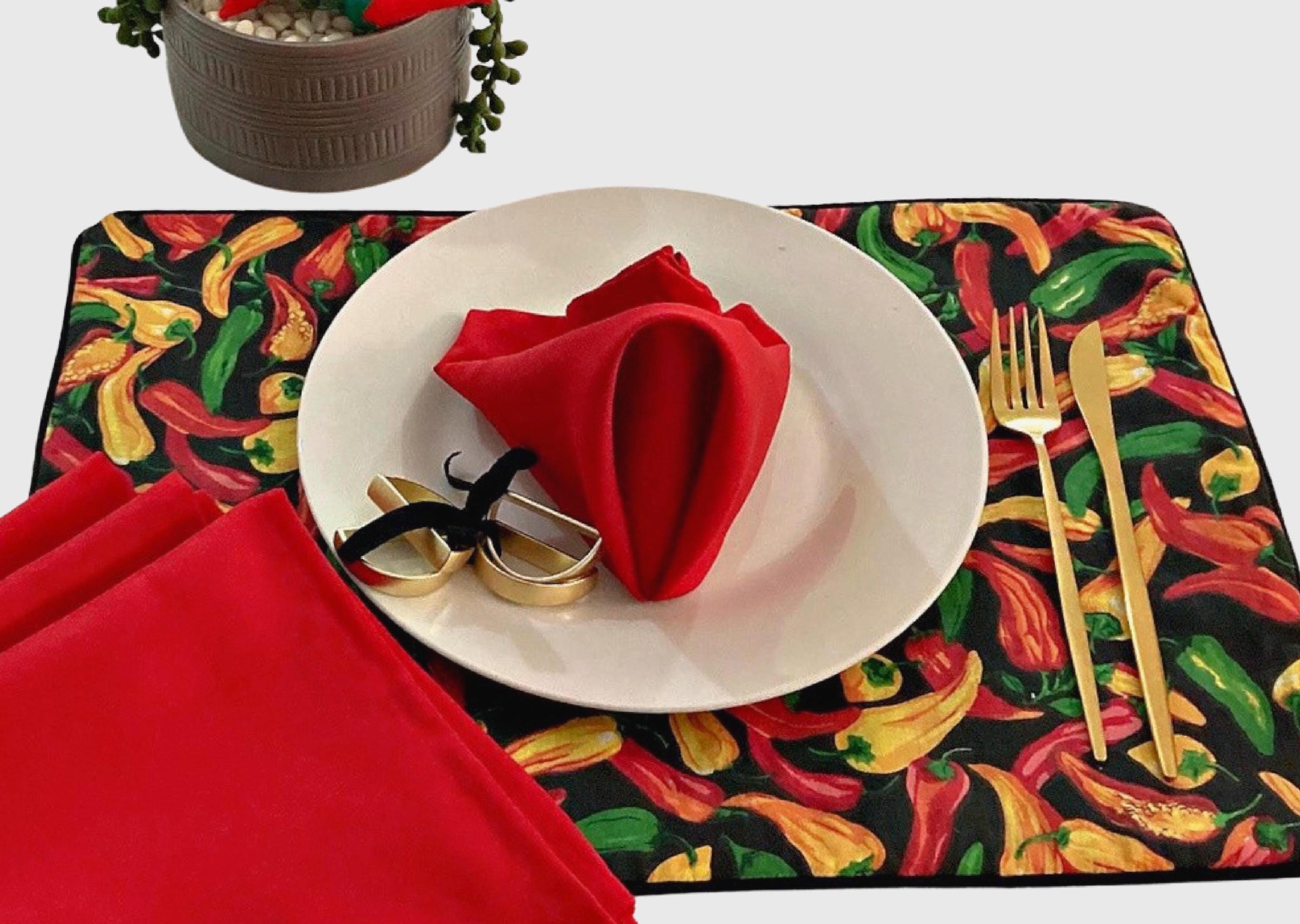 SPICE PLACEMAT SET - Includes Chili Pepper Placemats, Napkins and Napkin Rings, Set of 4, 6 or 8, Black Placemats, Housewarming Gift