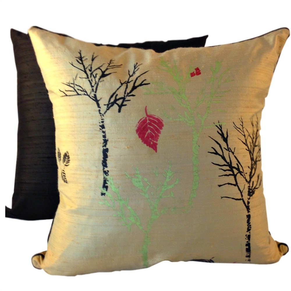 Tan Silk Pillow Cover, LINED Pillow, Beige SILK Couch Pillow, Hand Painted Silk Pillow,  Pillow with Trees