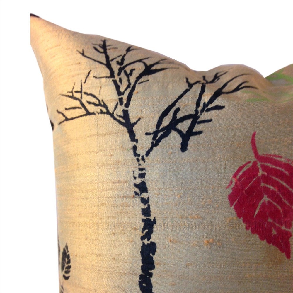 Tan Silk Pillow Cover, LINED Pillow, Beige SILK Couch Pillow, Hand Painted Silk Pillow,  Pillow with Trees