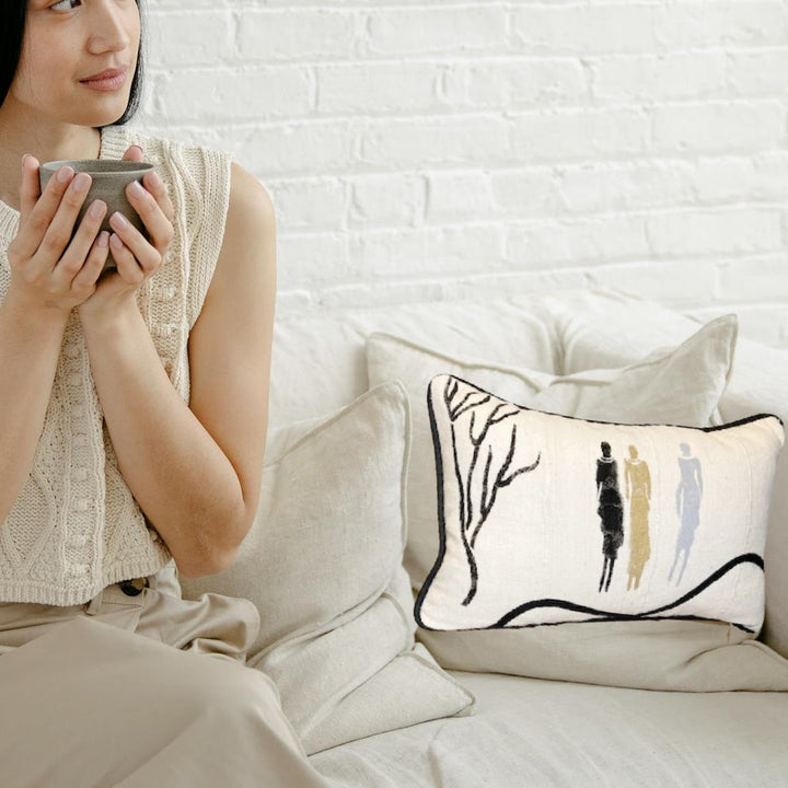 Long Lumbar Pillow with Hand Painted Women - Black and White